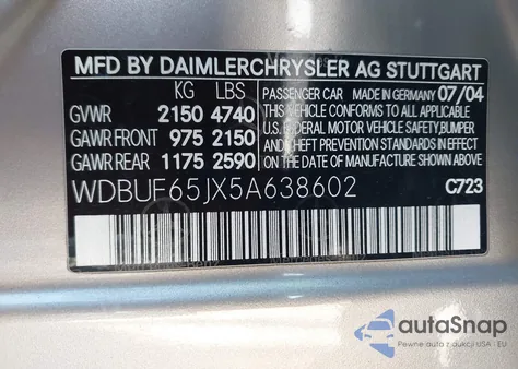 2005 Mercedes-Benz E 320 from USA, damaged, VIN WDBUF65JX5A638602